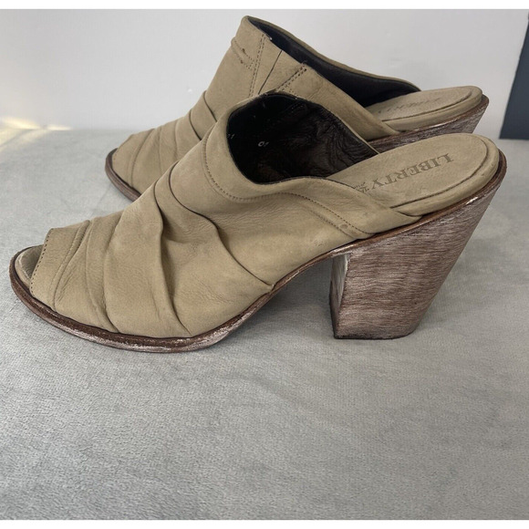 Liberty Black Peep Toe Mule Heels Size 7 Cognac Cream Leather Chunky - Picture 4 of 10